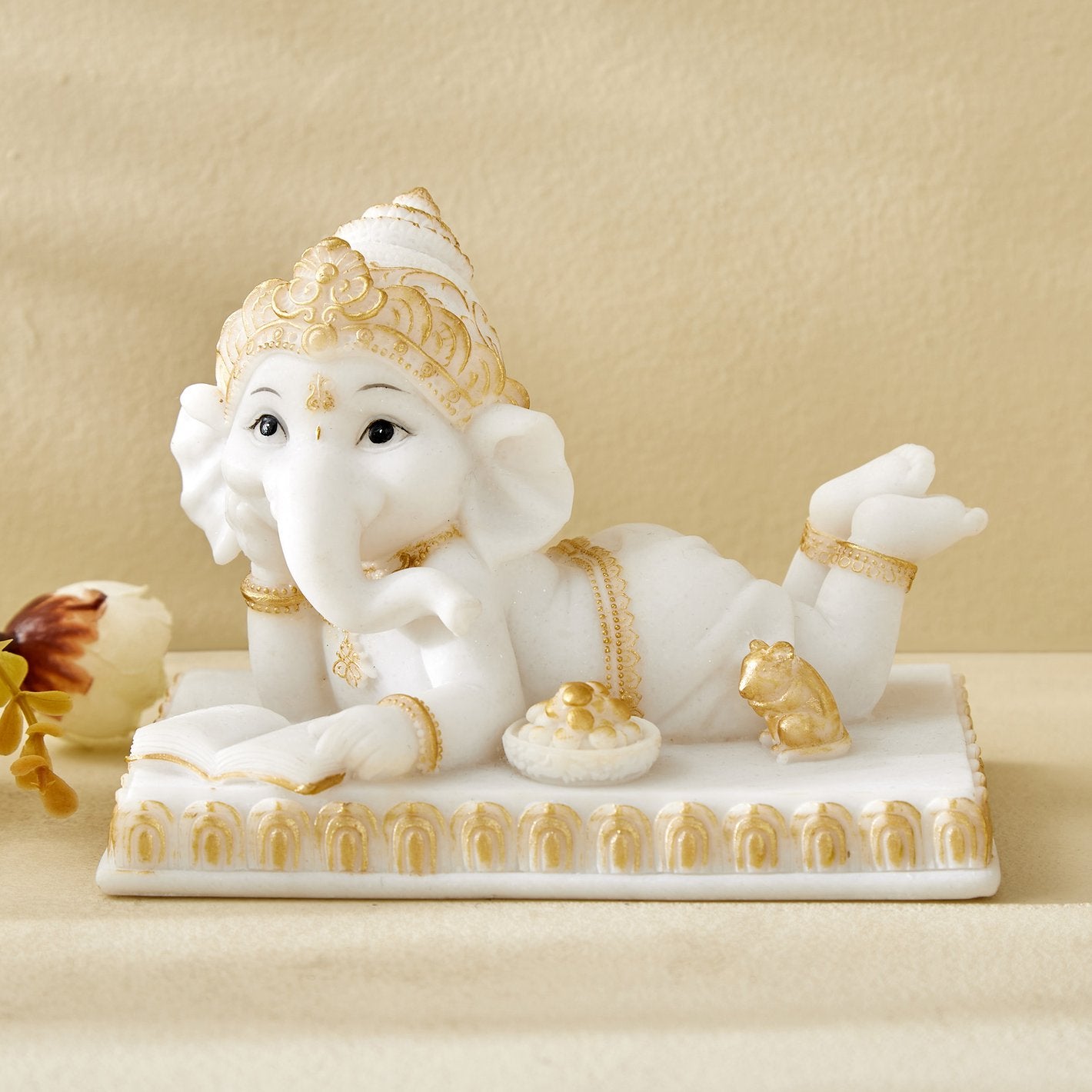 White Lord Ganesha Reading Book Idol Figurine