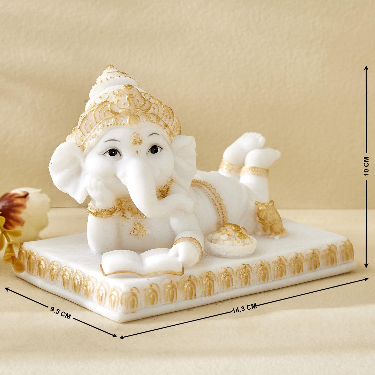 White Lord Ganesha Reading Book Idol Figurine