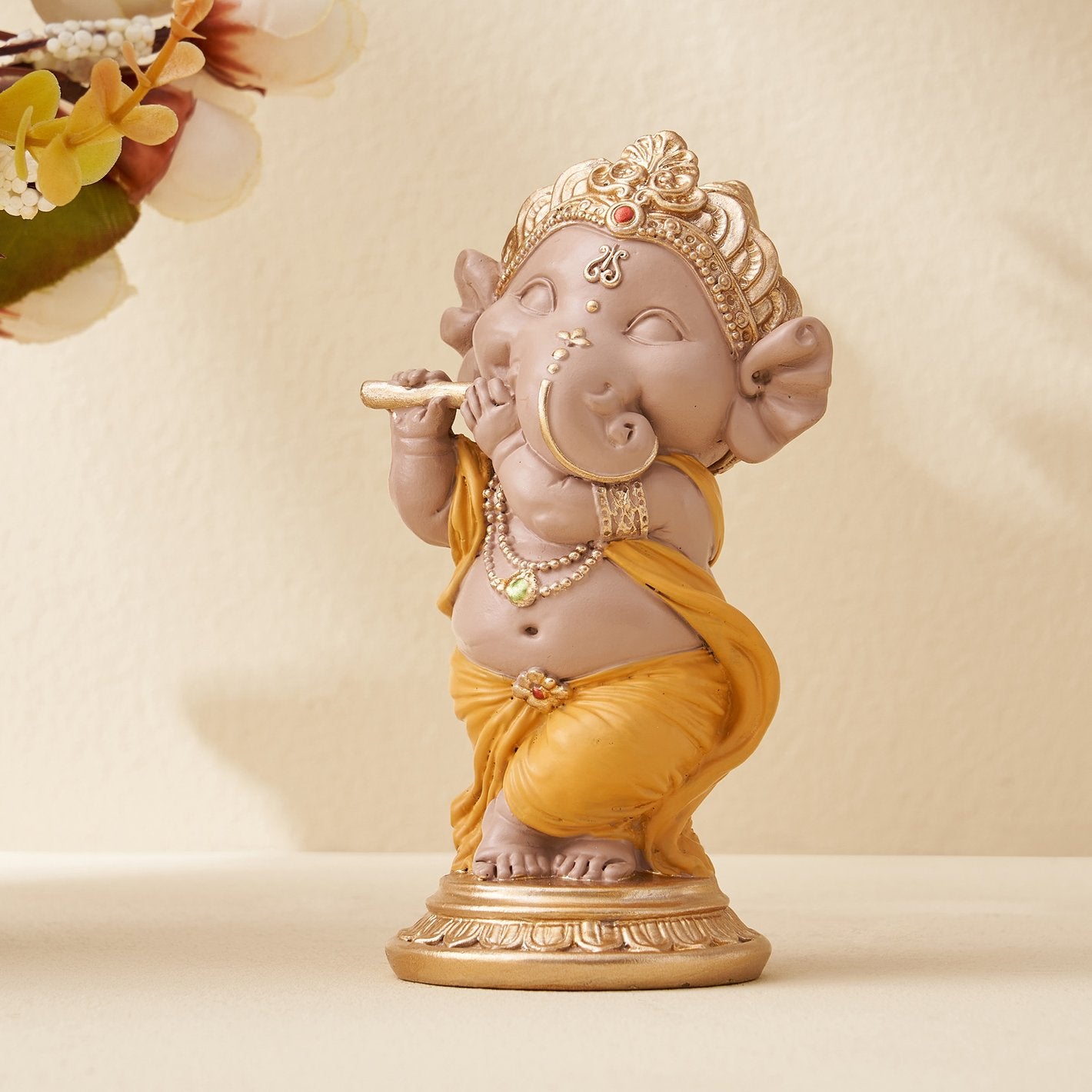 Brown Lord Ganesh Playing Flute Figurine Online